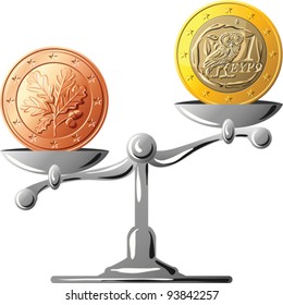 vector concept of an German coin euro and Greek coin euro on the silver scales