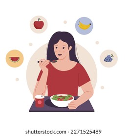 El concepto vectorial de las niñas come alimentos saludables. Ilustración de sitios web, páginas de inicio, aplicaciones móviles, afiches y banners. Ilustración vectorial plana de moda