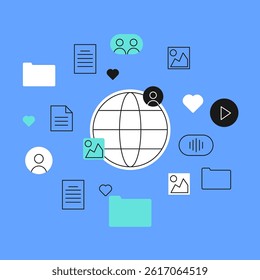 Vector concept of global communication and data sharing. Includes internet globe, documents, media icons, users, and folders. Represents cloud storage, digital interaction, and online content exchange