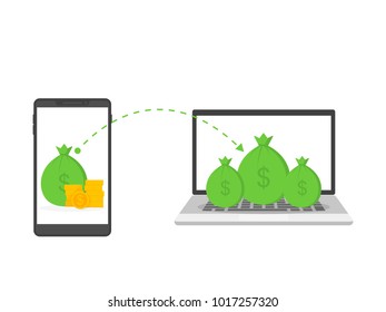Vector concept of global money transfer. Sending yellow coins from a smartphone to a personal account on a computer, in money bag. Illustration in a flat style. Web infographics.