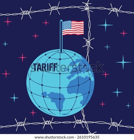 Vector concept of global trade restrictions with globe, US flag, and barbed wire. Represents tariffs, economic barriers, protectionism, and international trade policy in a symbolic style.