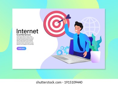 Vector concept of goal, success, target, aim. Businessman working on the computer programmer. Concept of business analysis, strategy. 