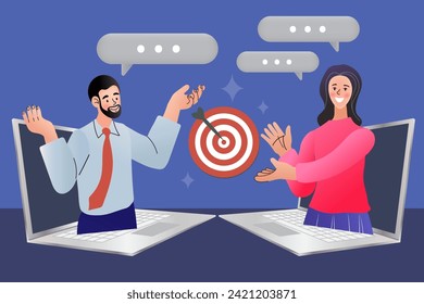 Vector concept of goal, success, target, aim. Businessman working on the computer programmer. Business analysis, strategy. video conference with colleagues. Videoconferencing online meeting. Vector
