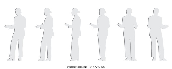 Vector concept gray paper cut silhouette of a business woman making a presentation from different perspectives isolated on white. A metaphor for confidence, leadership, business, competence,  vision