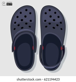 vector concept of gray-blue comfortable rubber slippers. top view