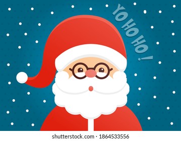 Vector concept of greeting banner. Cheerful Santa Claus with a big fluffy beard and glasses wishes everyone a Merry Christmas and New Year. Greeting card for the holidays.