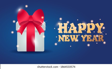 Vector concept of greeting banner for new year or christmas. A beautiful large white gift with a red ribbon sparkles in anticipation of its opening.