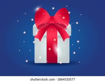 Vector concept of greeting banner for new year or christmas. A beautiful large white gift with a red ribbon sparkles in anticipation of its opening.