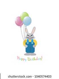 Vector concept of greeting birthday card. Vintage rabbit with balloons.
