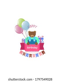 Vector concept of greeting birthday card. Sweet bear hand balls. Festive flat illustration.
