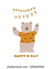 Vector concept of greeting birthday card. Cute hand drawn bear.