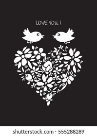Vector concept of greeting card or poster for Valentine's Day or other holidays with a shape of heart  and birds. Declaration of love.