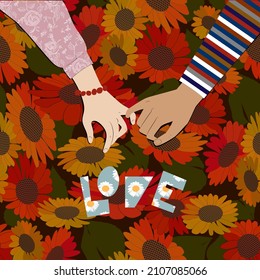 Vektorkonzept der Grußkarte für Valentinstag, Geburtstag, Hochzeit. Lieblingskarte, Druck oder Poster. Männliche und weibliche Hände. Mann und Frau halten Hände. Heller floraler Hintergrund.