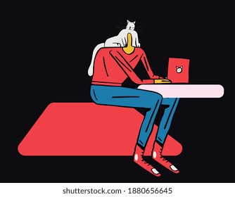 Vector concept with Guy work with cat sitting on him. Cute and funny freelance concept. Clip art flat design with character and cat. With Primary color and pink background.