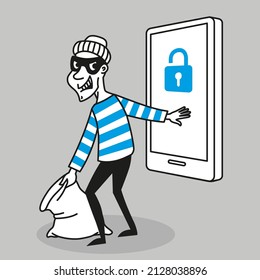 Vector concept. Hacker steals personal data and funds from a mobile phone. Character in cartoon style