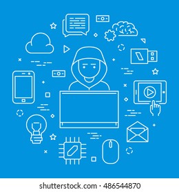 Vector concept of hacking and programming. Line symbol hacker and programmer. Open path.