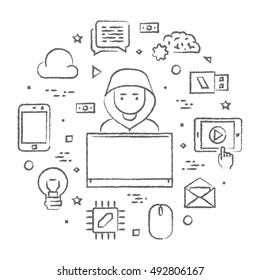 Vector concept of hacking and programming. Line symbol hacker and programmer.