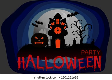 Vector concept Halloween event about black house and pumpkin on full moon day and blood on wording Halloween.