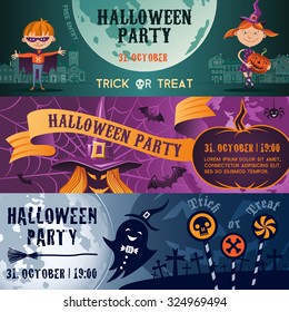 Vector concept Halloween party flat banner set. Halloween party flayer, poster. Children, witch, brooms, ghost and pumpkin.