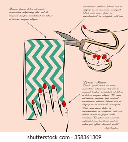 Vector concept in hand drawn retro style - holding scissors and cutting scrapbooking paper