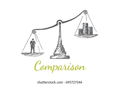 Vector concept hand drawn sketch. Comparison. The businessman is standing on the scales.