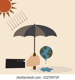 Vector concept of Hand with umbrella protect the Earth from sunray