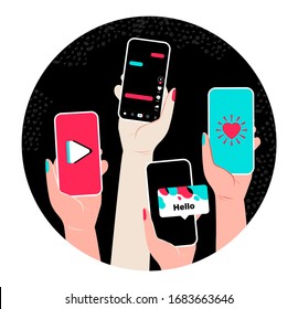 Vector Concept With Hands And Smart Phone, Video Tik Tok. Social Network Illustration  Mobile App Template Like Tiktok. 