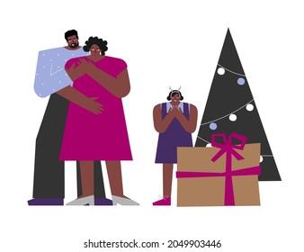 Vector concept of happy African American family with father, mother, girl staying near decorated xmas tree and gift box in craft paper. Celebration of Christmas holiday and presents unpacking by kid