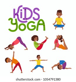 Vector concept happy African kids exercise poses and yoga asana for fitness design with cute logo. Cute cartoon gymnastics for children and healthy lifestyle sport illustration.