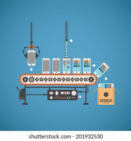 Vector concept of hardware and software production with smartphones on conveyor line