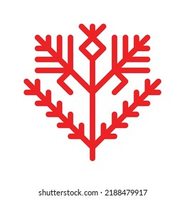 Vector concept has red simplified symbol of bush with berry. Outline icon of plant is traditional ornamental element of Karelia and Finland peoples. Decorative sign of shrub for native embroidery