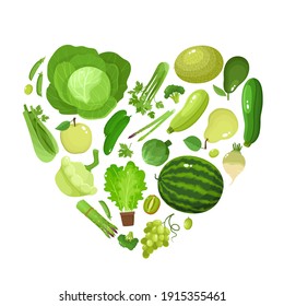 Corazón de concepto vectorial - come colores para tu salud - frutas y verduras verdes en redondo aisladas en blanco. Ilustración vectorial de la comida orgánica fresca utilizada para revistas, afiches, portada de menú, páginas web.