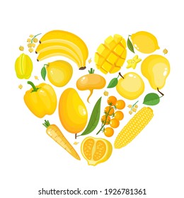Vector concept heart - eat colors for your health, yellow fruit and vegetable in round isolated on white. Vector illustration of fresh organic meal used for magazine, poster, menu cover, web pages.