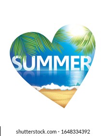 Vektorillustration Konzept von Herz, Meereslandschaft und "Summer" Typografie. Strand, Palmen, Meer und Sonne in der Herzform. Bearbeitbare EPS-Vektorillustration	