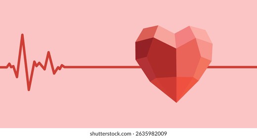 Vector concept of heartbeat and love with geometric red heart and stylized cardiogram line, suitable for health, romance, and Valentine's Day projects