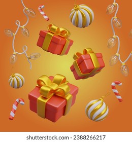 Vector concept of holiday, Christmas gifts. Red boxes with gold bows, garlands, candy canes, Christmas balls. Composition on colored background. Winter festive poster