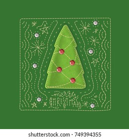 Vector concept of holiday greeting card. Spruce tree made of felt on a green background with embroidered  lettering "Merry Christmas".