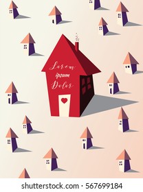 Vector concept home illustration with big red house. City Illustration for posters, greeting card, flyer, brochure, advertisement