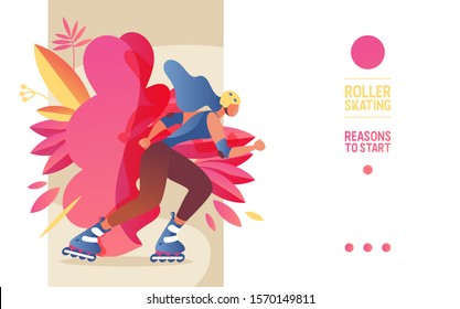 Vector concept horizontal banner with young woman with blue hair roller skating. Bright leaves in pink and yellow. Good scene for web site header of teen energy and lifestyle 