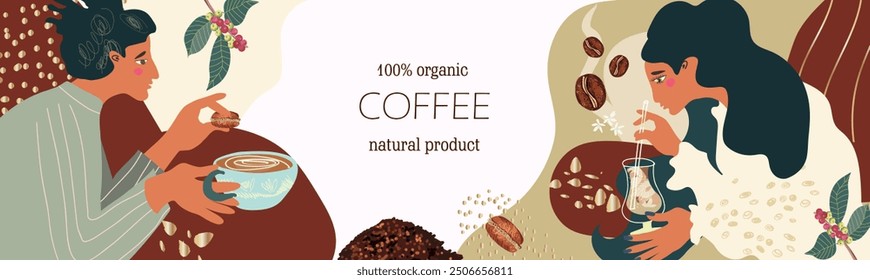 Vector concept horizontal frame, template, banner, background, with hand drawn coffee, abstract elements, people characters. Hand drawn illustration. 