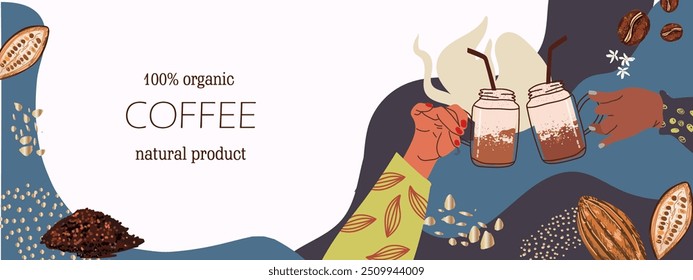 Vector concept horizontal frame, template, banner, background, Girls friends, couple drinking hot beverage, hands holding tea cups, coffee mugs . Breakfast gathering, meeting. Hand drawn illustration.