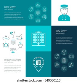 Vector concept of hotel service, entertainment, room service.  Icons in the flat design with sample text. Vector illustration