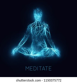 Vector Concept Of Human Meditaion. Sacral Energy Flows Through Prayer Body On His Way To Enlightment. Yoga Pose Of Relaxation. Asian Spiritual Practice. Magical Glowing Energy Routes And Spakrs.