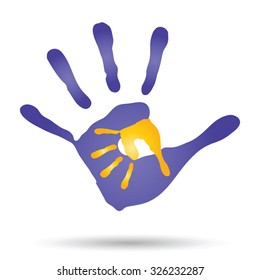 Vector concept human or mother and child hand prints painted, isolated on white background for art, care, childhood, family, fun, happy, infant, symbol, kid, little, love, mom, motherhood young design