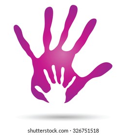 Vector concept human or mother and child hand prints painted, isolated on white background for art, care, childhood, family, fun, happy, infant, symbol, kid, little, love, mom, motherhood young design