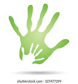 Vector concept human or mother and child hand prints painted, isolated on white background for art, care, childhood, family, fun, happy, infant, symbol, kid, little, love, mom, motherhood young design