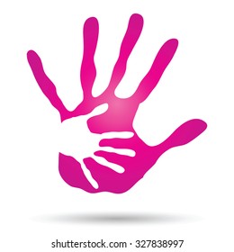 Concepto vectorial huellas de la mano de la madre y el niño pintadas, aisladas en fondo blanco para el arte, el cuidado, la niñez, la familia, la diversión, la felicidad, el bebé, el símbolo, el niño, el amor, la madre, la maternidad, el diseño joven