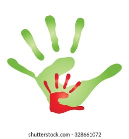 Vector concept human or mother and child hand prints painted, isolated on white background for art, care, childhood, family, fun, happy, infant, symbol, kid, little, love, mom, motherhood young design