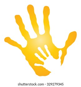Vector concept human mother and child hand prints painted, isolated on white background for art, care, childhood, family, fun, happy, infant, symbol, kid, little, love, mom, motherhood, young design