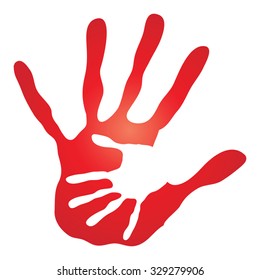 Vector concept human or mother and child hand prints painted, isolated on white background for art, care, childhood, family, fun, happy, infant, symbol, kid, little, love, mom, motherhood young design